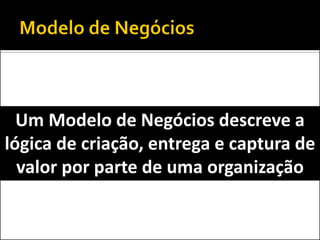 Um Modelo de Negócios descreve a
lógica de criação, entrega e captura de
valor por parte de uma organização
 
