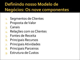1. Segmentos de Clientes
2. Proposta deValor
3. Canais
4. Relações com os Clientes
5. Fontes de Receita
6. Principais Recursos
7. PrincipaisAtividades
8. Principais Parceiros
9. Estrutura de Custos
 