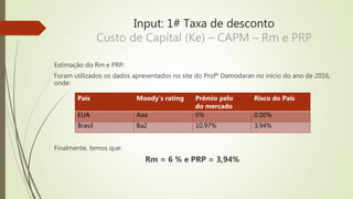Input: 1# Taxa de desconto
Custo de Capital (Ke) – CAPM – Rm e PRP
Estimação do Rm e PRP:
Foram utilizados os dados apresentados no site do Profº Damodaran no início do ano de 2016,
onde:
Finalmente, temos que:
Rm = 6 % e PRP = 3,94%
País Moody's rating Prêmio pelo
do mercado
Risco do País
EUA Aaa 6% 0.00%
Brasil Ba2 10.97% 3,94%
 