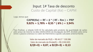 Input: 1# Taxa de desconto
Custo de Capital (Ke) – CAPM
Logo, temos que:
CAPM(Ke) = Rf + β * ( Rf – Rm ) + PRP
9,02% = 1,78% + 0,55 * ( 6% ) + 3,94%
Para finalizar, a relação E/(D+E) foi calculada pelo produto da quantidade de ações
pelo preço da mesma na data (18/02/2016) da divulgação da DFP, dividido pela soma
entre o passivo oneroso e o valor do Patrimônio Líquido calculado anteriormente:
Valor de marcado do PL(E) = R$ 44,17 * 330.386
Valor de mercado da Dívida(D) = R$ 2.042.403
E/(D+E) = 0,87, e D/(D+E) = 0,13
 