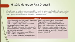 História do grupo Raia Drogasil
A Raia Drogasil foi criada em novembro de 2011 a partir da fusão entre Raia S.A. e Drogasil S.A. Com
mais de mil e duzentas lojas em operação e receita bruta de R$ 9,4 bilhões em 2015, a Raia Drogasil é
a maior rede de drogarias do Brasil em receita e número de lojas.
Histórico:
1905 – Raia: João Raia inaugura em Araraquara
(SP), a primeira Pharmacia Raia
1935 – Drogasil: Surge a partir da fusão da
Drogaria Braúlio e Drogaria Brasil
1977 – Drogasil: A empresa abre seu capital e
torna-se a primeira drogaria a integrar a Bolsa
de Valores de São Paulo
2005 – Raia: A empresa completa 100 anos,
com 135 filiais em 4 estados.
2007 – Drogasil: Ingressa no Novo Mercado
2008 – Com a entrada dos fundos de PE
Pragma e Gavea, a Raia fortalece sua
governança e capacidade e investimentos
2010 – Raia: Faz IPO e entra no Novo Mercado
2011 – Acontece a fusão das duas empresas
2012 – reformulação da imagem da empresa,
revisão do plano de negócios e mudança para
sede em Butantã (SP)
 
