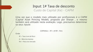 Input: 1# Taxa de desconto
Custo de Capital (Ke) - CAPM
Uma vez que o modelo mais utilizado por profissionais é o CAPM
(Capital Asset Princing Model), proposto por Sharpe , o mesmo
também será utilizado nesta avaliação. Logo, precisamos determinar
os seus inputs:
CAPM(Ke) = Rf + β*(Rf – Rm)
Onde:
Rf = Taxa Livre de Risco
Β = Beta da empresa
Rm = Risco do mercado
 