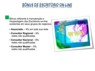 Bônus referente à manutenção e Hospedagem dos Escritórios on-line existentes em seus grupos de negócios. Associado  – 4% em toda sua rede Consultor Regional  – 6%  redes não qualificadas Consultor Nacional  – 8%  redes não qualificadas Consultor Master  – 9%  redes não qualificadas 