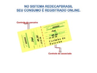 Controle do parceiro Controle do associado 0000000 José 45,00 45,00 0000000 José Carimbo do Parceiro 45,00 15 03 06 15 03 06 José 0000000 45,00 15 03 06 