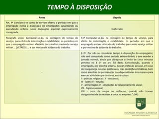 TEMPO À DISPOSIÇÃO
Antes Depois
Art. 4º Considera-se como de serviço efetivo o período em que o
empregado esteja à disposição do empregador, aguardando ou
executando ordens, salvo disposição especial expressamente
consignada.
Inalterado
Parágrafo único: Computar-se-ão, na contagem de tempo de
serviço, para efeito de indenização e estabilidade, os períodos em
que o empregado estiver afastado do trabalho prestando serviço
militar ... (VETADO) ... e por motivo de acidente do trabalho.
§1º Computar-se-ão, na contagem de tempo de serviço, para
efeito de indenização e estabilidade, os períodos em que o
empregado estiver afastado do trabalho prestando serviço militar
e por motivo de acidente do trabalho.
-
§ 2o Por não se considerar tempo à disposição do empregador,
não será computado como período extraordinário o que exceder a
jornada normal, ainda que ultrapasse o limite de cinco minutos
previsto no § 1o do art. 58 desta Consolidação, quando o
empregado, por escolha própria, buscar proteção pessoal, em caso
de insegurança nas vias públicas ou más condições climáticas, bem
como adentrar ou permanecer nas dependências da empresa para
exercer atividades particulares, entre outras:
I - práticas religiosas; II - descanso;
III - lazer; IV - estudo;
V - alimentação; VI - atividades de relacionamento social;
VII - higiene pessoal;
VIII - troca de roupa ou uniforme, quando não houver
obrigatoriedade de realizar a troca na empresa.” (NR)
 