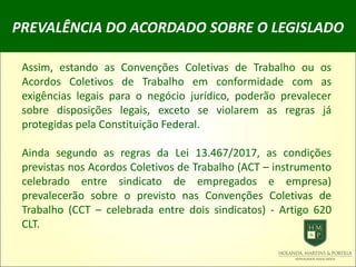 PREVALÊNCIA DO ACORDADO SOBRE O LEGISLADO
Assim, estando as Convenções Coletivas de Trabalho ou os
Acordos Coletivos de Trabalho em conformidade com as
exigências legais para o negócio jurídico, poderão prevalecer
sobre disposições legais, exceto se violarem as regras já
protegidas pela Constituição Federal.
Ainda segundo as regras da Lei 13.467/2017, as condições
previstas nos Acordos Coletivos de Trabalho (ACT – instrumento
celebrado entre sindicato de empregados e empresa)
prevalecerão sobre o previsto nas Convenções Coletivas de
Trabalho (CCT – celebrada entre dois sindicatos) - Artigo 620
CLT.
 