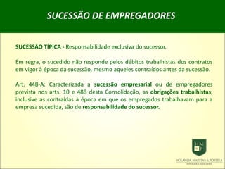 SUCESSÃO DE EMPREGADORES
SUCESSÃO TÍPICA - Responsabilidade exclusiva do sucessor.
Em regra, o sucedido não responde pelos débitos trabalhistas dos contratos
em vigor à época da sucessão, mesmo aqueles contraídos antes da sucessão.
Art. 448-A: Caracterizada a sucessão empresarial ou de empregadores
prevista nos arts. 10 e 488 desta Consolidação, as obrigações trabalhistas,
inclusive as contraídas à época em que os empregados trabalhavam para a
empresa sucedida, são de responsabilidade do sucessor.
 