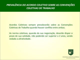 PREVALÊNCIA DO ACORDO COLETIVO SOBRE AS CONVENÇÕES
COLETIVAS DE TRABALHO
Acordos Coletivos sempre prevalecerão sobre as Convenções
Coletivas de Trabalho quando houver conflito entre ambas.
As norma coletivas, quando da sua negociação, deverão dispor o
prazo de sua validade, não podendo ser superior a 2 anos, sendo
vedada a ultratividade.
 
