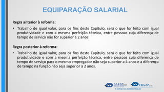 EQUIPARAÇÃO SALARIAL
Regra anterior à reforma:
• Trabalho de igual valor, para os fins deste Capítulo, será o que for feito com igual
produtividade e com a mesma perfeição técnica, entre pessoas cuja diferença de
tempo de serviço não for superior a 2 anos.
Regra posterior à reforma:
• Trabalho de igual valor, para os fins deste Capítulo, será o que for feito com igual
produtividade e com a mesma perfeição técnica, entre pessoas cuja diferença de
tempo de serviço para o mesmo empregador não seja superior a 4 anos e a diferença
de tempo na função não seja superior a 2 anos.
 