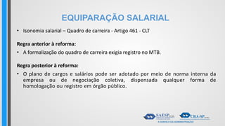 EQUIPARAÇÃO SALARIAL
• Isonomia salarial – Quadro de carreira - Artigo 461 - CLT
Regra anterior à reforma:
• A formalização do quadro de carreira exigia registro no MTB.
Regra posterior à reforma:
• O plano de cargos e salários pode ser adotado por meio de norma interna da
empresa ou de negociação coletiva, dispensada qualquer forma de
homologação ou registro em órgão público.
 
