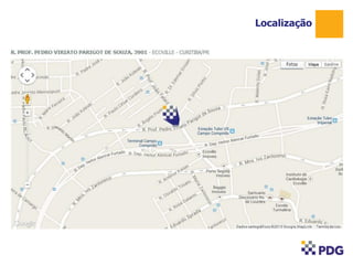 Ecoville: mais que um bairro, um estilo de vida.
Tranquilo e muito arborizado, Ecoville é hoje o
melhor lugar para se viver em Curitiba.
Uma região nobre, de vizinhança seleta,
cercada de muito verde e ar puro. Comércio
e serviços também estão por toda a parte.
Assim é o Ecoville: charmoso, bem localizado
e em constante valorização. Um jeito todo
especial de se viver.
Localização
1
 