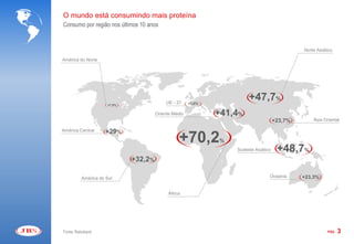 O mundo está consumindo mais proteína
Consumo por região nos últimos 10 anos


                                                                                             Norte Asiático

América do Norte




                                          UE - 27    +3,0%
                                                                      +47,7%
                    +7,5%

                                     Oriente Médio           +41,4%
                                                                                    +23,7%       Ásia Oriental

América Central     +29%
                                                +70,2        %
                                                                 Sudeste Asiático    +48,7%
                            +32,2%

         América do Sul                                                         Oceania      +23,3%


                                           África




Fonte: Rabobank                                                                                         PÁG.   3
 