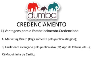 CREDENCIAMENTO
1) Vantagens para o Estabelecimento Credenciado:
A) Marketing Direto (Paga somente pelo publico atingido);

B) Facilmente alcançado pelo público alvo (TV, App de Celular, etc...);
C) Maquininha de Cartão;

 