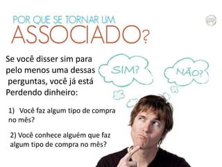 Se você disser sim para
pelo menos uma dessas
perguntas, você já está
Perdendo dinheiro:
1) Você faz algum tipo de compra
no mês?
2) Você conhece alguém que faz
algum tipo de compra no mês?

 