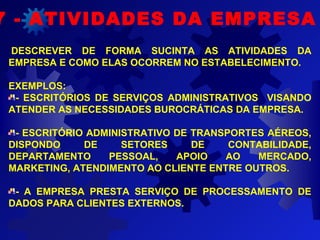 DESCREVER DE FORMA SUCINTA AS ATIVIDADES DA
EMPRESA E COMO ELAS OCORREM NO ESTABELECIMENTO.
EXEMPLOS:
- ESCRITÓRIOS DE SERVIÇOS ADMINISTRATIVOS VISANDO
ATENDER AS NECESSIDADES BUROCRÁTICAS DA EMPRESA.
- ESCRITÓRIO ADMINISTRATIVO DE TRANSPORTES AÉREOS,
DISPONDO DE SETORES DE CONTABILIDADE,
DEPARTAMENTO PESSOAL, APOIO AO MERCADO,
MARKETING, ATENDIMENTO AO CLIENTE ENTRE OUTROS.
- A EMPRESA PRESTA SERVIÇO DE PROCESSAMENTO DE
DADOS PARA CLIENTES EXTERNOS.
7 - ATIVIDADES DA EMPRESA
 