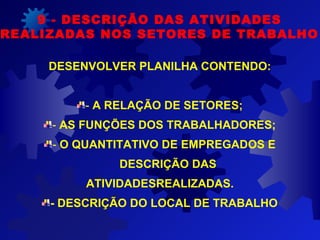 9 - DESCRIÇÃO DAS ATIVIDADES
REALIZADAS NOS SETORES DE TRABALHO
DESENVOLVER PLANILHA CONTENDO:
- A RELAÇÃO DE SETORES;
- AS FUNÇÕES DOS TRABALHADORES;
- O QUANTITATIVO DE EMPREGADOS E
DESCRIÇÃO DAS
ATIVIDADESREALIZADAS.
- DESCRIÇÃO DO LOCAL DE TRABALHO
 