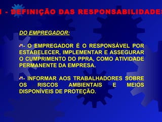 1 - DEFINIÇÃO DAS RESPONSABILIDADES
DO EMPREGADOR:
- O EMPREGADOR É O RESPONSÁVEL POR
ESTABELECER, IMPLEMENTAR E ASSEGURAR
O CUMPRIMENTO DO PPRA, COMO ATIVIDADE
PERMANENTE DA EMPRESA.
- INFORMAR AOS TRABALHADORES SOBRE
OS RISCOS AMBIENTAIS E MEIOS
DISPONÍVEIS DE PROTEÇÃO.
 