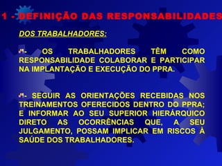 11 - DEFINIÇÃO DAS RESPONSABILIDADES
DOS TRABALHADORES:
- OS TRABALHADORES TÊM COMO
RESPONSABILIDADE COLABORAR E PARTICIPAR
NA IMPLANTAÇÃO E EXECUÇÃO DO PPRA.
- SEGUIR AS ORIENTAÇÕES RECEBIDAS NOS
TREINAMENTOS OFERECIDOS DENTRO DO PPRA;
E INFORMAR AO SEU SUPERIOR HIERÁRQUICO
DIRETO AS OCORRÊNCIAS QUE, A SEU
JULGAMENTO, POSSAM IMPLICAR EM RISCOS À
SAÚDE DOS TRABALHADORES.
 
