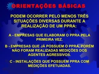 ORIENTAÇÕES BÁSICAS
PODEM OCORRER PELO MENOS TRÊS
SITUAÇÕES DIVERSAS DURANTE A
REALIZAÇÃO DE UM PPRA:
A - EMPRESAS QUE ELABORAM O PPRA PELA
PRIMEIRA VEZ.
B - EMPRESAS QUE JÁ POSSUEM O PPRA, PORÉM
NÃO FORAM REALIZADAS MEDIÇÕES DOS
AGENTES AGRESSIVOS.
C - INSTALAÇÕES QUE POSSUEM PPRA COM
MEDIÇÕES EFETUADAS.
 