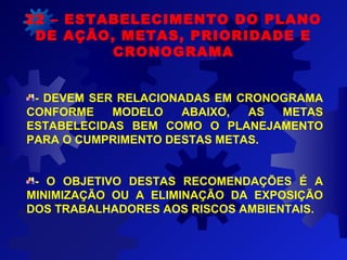 - DEVEM SER RELACIONADAS EM CRONOGRAMA
CONFORME MODELO ABAIXO, AS METAS
ESTABELECIDAS BEM COMO O PLANEJAMENTO
PARA O CUMPRIMENTO DESTAS METAS.
- O OBJETIVO DESTAS RECOMENDAÇÕES É A
MINIMIZAÇÃO OU A ELIMINAÇÃO DA EXPOSIÇÃO
DOS TRABALHADORES AOS RISCOS AMBIENTAIS.
22 – ESTABELECIMENTO DO PLANO
DE AÇÃO, METAS, PRIORIDADE E
CRONOGRAMA
 