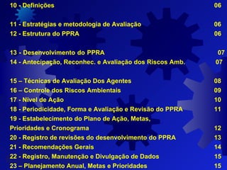 10 - Definições 06
11 - Estratégias e metodologia de Avaliação 06
12 - Estrutura do PPRA 06
13 - Desenvolvimento do PPRA 07
14 - Antecipação, Reconhec. e Avaliação dos Riscos Amb. 07
15 – Técnicas de Avaliação Dos Agentes 08
16 – Controle dos Riscos Ambientais 09
17 - Nível de Ação 10
18 - Periodicidade, Forma e Avaliação e Revisão do PPRA 11
19 - Estabelecimento do Plano de Ação, Metas,
Prioridades e Cronograma 12
20 - Registro de revisões do desenvolvimento do PPRA 13
21 - Recomendações Gerais 14
22 - Registro, Manutenção e Divulgação de Dados 15
23 – Planejamento Anual, Metas e Prioridades 15
 