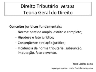 Direito Tributário versus
Teoria Geral do Direito
Conceitos jurídicos fundamentais:
- Norma: sentido amplo, estrito e completo;
- Hipótese e fato jurídico;
- Conseqüente e relação jurídica;
- Incidência da norma tributária: subsunção,
imputação, fato e evento.
Tacio Lacerda Gama
www.parasaber.com.br/taciolacerdagama
 