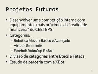 Projetos Futuros
• Desenvolver uma competição interna com
  equipamentos mais próximos da “realidade
  financeira” do CEETEPS
• Categorias:
  – Robótica Móvel : Básico e Avançado
  – Virtual: Robocode
  – Futebol: RoboCup F-180
• Divisão de categorias entre Etecs e Fatecs
• Estudo de parceria com a XBot
                                               35
 