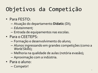 Objetivos da Competição
• Para FESTO:
  – Atuação do departamento Didatic (DI);
  – Edutainment;
  – Entrada de equipamentos nas escolas.
• Para o CEETEPS:
  – Formação e desenvolvimento do aluno;
  – Alunos ingressando em grandes competições (como a
    World Skills);
  – Melhoria na qualidade de aulas (notória evasão);
  – Aproximação com a indústria.
• Para o aluno:
  – Competir!
                                                    5
 