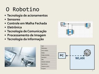 O Robotino
•   Tecnologia de acionamentos
•   Sensores
•   Controle em Malha Fechada
•   Eletrônica
•   Tecnologia de Comunicação
•   Processamento de Imagem
•   Tecnologia da Informação




                                 WLAN


                                        8
 