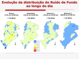 Diurno
(7:01 as 19:00 hs)
< 70 dB(A)
Vespertino
(19:01 as 22:00 hs)
< 60 dB(A)
Noturno 1
(22:01 as 23:59 hs)
< 50 dB(A)
Noturno 2
(00:00 as 07:00 hs)
< 45 dB(A)
Evolução da distribuição do Ruído de Fundo
ao longo do dia
0 5 10 152,5 km
±
0 5 10 152,5 km
±
0 5 10 152,5 km
±
0 5 102,5
±
40 - 45
45 - 50
50 - 55
55 - 60
60 - 65
65 - 70
70 - 90
 