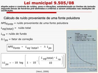 NPSFonte = ruído proveniente de uma fonte poluidora
Leq(total) = ruído total
Lra = ruído de fundo
Lei municipal 9.505/08
Cálculo de ruído proveniente de uma fonte poluidora
dispõe sobre o controle de ruídos, sons e vibrações, estabelecendo os limites de imissão
segundo faixas de horários pré-definidos e critérios a serem utilizados nas medições de
verificação.
( ) pstotaleqFonte
LLNPS ∆−=
( )
−−=∆







 −
−
10101log10
ra
totaleq LL
ps
L
∆ Lps = fator de correção
(Vecci, 2006)
 