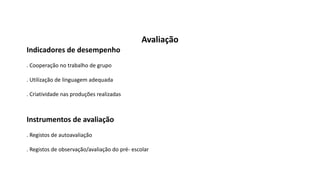 Avaliação
Indicadores de desempenho
. Cooperação no trabalho de grupo
. Utilização de linguagem adequada
. Criatividade nas produções realizadas
Instrumentos de avaliação
. Registos de autoavaliação
. Registos de observação/avaliação do pré- escolar
 