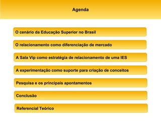 Agenda A Sala Vip como estratégia de relacionamento de uma IES O relacionamento como diferenciação de mercado A experimentação como suporte para criação de conceitos Pesquisa e os principais apontamentos   Conclusão Referencial Teórico O cenário da Educação Superior no Brasil 