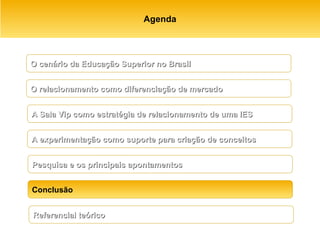 Agenda A Sala Vip como estratégia de relacionamento de uma IES O relacionamento como diferenciação de mercado A experimentação como suporte para criação de conceitos Pesquisa e os principais apontamentos   Conclusão Referencial teórico O cenário da Educação Superior no Brasil 