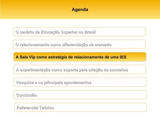 Agenda A Sala Vip como estratégia de relacionamento de uma IES O relacionamento como diferenciação de mercado A experimentação como suporte para criação de conceitos Pesquisa e os principais apontamentos  Conclusão Referencial Teórico O cenário da Educação Superior no Brasil 