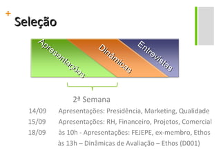 Seleção 2ª Semana   14/09  Apresentações: Presidência, Marketing, Qualidade 15/09 Apresentações: RH, Financeiro, Projetos, Comercial 18/09 às 10h - Apresentações: FEJEPE, ex-membro, Ethos às 13h – Dinâmicas de Avaliação – Ethos (D001) Apresentações Dinâmicas Entrevistas 