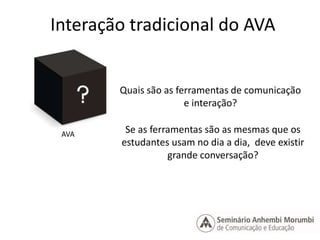 Interação tradicional do AVA 
AVA 
Quais são as ferramentas de comunicação 
e interação? 
Se as ferramentas são as mesmas que os 
estudantes usam no dia a dia, deve existir 
grande conversação? 
 