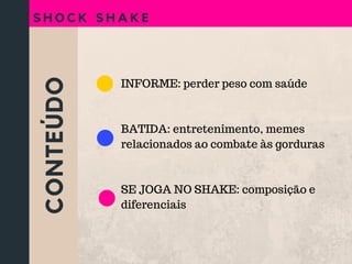 CONTEÚDO
S H O C K S H A K E
INFORME: perder peso com saúde
BATIDA: entretenimento, memes
relacionados ao combate às gorduras
SE JOGA NO SHAKE: composição e
diferenciais
 