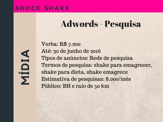 MÍDIA
S H O C K S H A K E
Verba: R$ 7.200
Até: 30 de junho de 2016
Tipos de anúncios: Rede de pesquisa
Termos de pesquisa: shake para emagrecer,
shake para dieta, shake emagrece
Estimativa de pesquisas: 8.000/mês
Público: BH e raio de 50 km
Adwords - Pesquisa
 