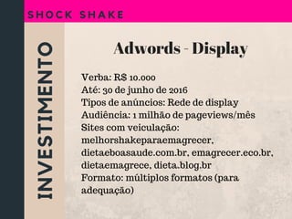 INVESTIMENTO
S H O C K S H A K E
Adwords - Display
Verba: R$ 10.000
Até: 30 de junho de 2016
Tipos de anúncios: Rede de display
Audiência: 1 milhão de pageviews/mês
Sites com veiculação:
melhorshakeparaemagrecer,
dietaeboasaude.com.br, emagrecer.eco.br,
dietaemagrece, dieta.blog.br
Formato: múltiplos formatos (para
adequação)
 