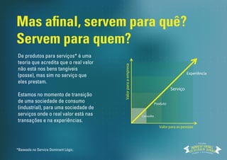 Mas afinal, servem para quê?
Servem para quem?
*Baseada no Service Dominant Lógic.
De produtos para serviços* é uma
teoria que acredita que o real valor
não está nos bens tangíveis (posse
de produtos), mas sim no serviço
que eles prestam.
Estamos no momento de transição
de uma sociedade de consumo
(industrial/produtos), para uma
sociedade de serviços onde o real
valor está nas transações e na
experiências.
Workshop
 