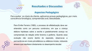 Aspectos Pedagógico
Resultados e Discussões
Para avaliar os níveis da cliente, aplicamos provas pedagógicas, por meio
consciência fonológica, compreensão oral, lateralidade.
Para Emilia Ferreiro (1985), o processo de alfabetização deve ser
entendido como um percurso construtivo, em que a criança
elabora hipóteses sobre a escrita e gradativamente avança na
compreensão da relação entre fonema e grafema. Quando essa
evolução não ocorre dentro do esperado, observa-se a
permanência em níveis pré-silábicos ou silábicos iniciais, indicando
atrasos que interferem diretamente no desempenho escolar.
 