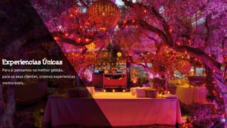 Uma empresa especializada na gestão de projetos de animação, lazer e eventos. Fornecemos os melhores serviços para o turismo, mercado urbano e empresarial atendendo às necessidades específicas de cada um. 
Oferecer entretenimento para diferentes tipos de eventos. A dimensão do evento pode variar, desde casamentos exclusivos até cerimónias de entrega de prémios para mais de 2.000 pessoas, sendo que nos concentramos nos desafios específicos de cada situação de forma a oferecer as melhores soluções. 
Para oferecer os melhores projetos de animação, lazer ou eventos fazemo-nos valer pela nossa boa capacidade de gestão, flexibilidade e criatividade. Temos em conta as necessidades e os desejos dos nossos clientes de forma a cumprir (e superar) as suas expetativas.  