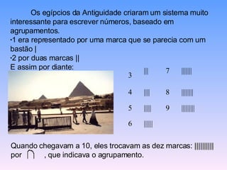 Os egípcios da Antiguidade criaram um sistema muito interessante para escrever números, baseado em agrupamentos.  1 era representado por uma marca que se parecia com um bastão |  2 por duas marcas || E assim por diante:  Quando chegavam a 10, eles trocavam as dez marcas: ||||||||||  por  ,  que indicava o agrupamento. |||||| 6 ||||||||| 9 ||||| 5 |||||||| 8 |||| 4 ||||||| 7 ||| 3 
