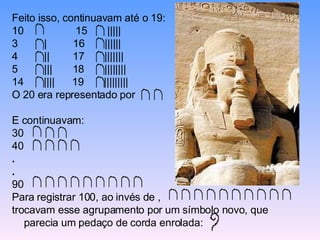 Feito isso, continuavam até o 19:  10  15  |||||  |  16  |||||| ||  17  ||||||| |||  18  |||||||| 14  ||||  19  ||||||||| O 20 era representado por  E continuavam:  30  40  .   .   90  Para registrar 100, ao invés de , trocavam esse agrupamento por um símbolo novo, que parecia um pedaço de corda enrolada:  