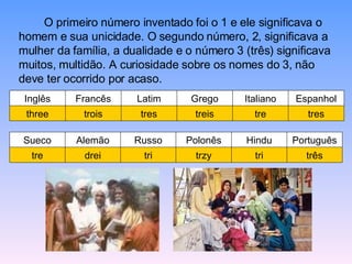 O primeiro número inventado foi o 1 e ele significava o homem e sua unicidade. O segundo número, 2, significava a mulher da família, a dualidade e o número 3 (três) significava muitos, multidão. A curiosidade sobre os nomes do 3, não deve ter ocorrido por acaso. tres tre treis tres trois three Espanhol Italiano Grego Latim Francês Inglês três tri trzy tri drei tre Português Hindu Polonês Russo Alemão Sueco 