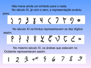 Não havia ainda um símbolo para o nada.  No século IX, já com o zero, a representação evoluiu para:  No século XI os hindus representavam os dez dígitos assim:  No mesmo século XI, os árabes que estavam no Ocidente representaram assim:  