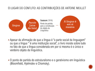 ▪ Apesar da afirmação de que a língua é “a parte social da linguagem”
ou que a língua “´é uma instituição social”, o livro insiste sobre tudo
no fato de que a língua considerada em por si mesma é o único e
verdeiro objeto da linguística.
▪ O ponto de partida do estruturalismo e o gerativismo em linguística
(Bloomfield, Hjelmslev e Chomsky).
língua
Suassure (1916)
Ponto de partida
para a constituição
do objeto da
Linguística
Parole
[atos
de fala]
A língua é
em si
mesma
 