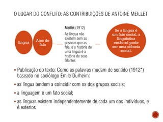 ▪ Publicação do texto: Como as palavras mudam de sentido (1912*)
baseado no sociólogo Émile Durheim:
▪ as língua tendem a coincidir com os dos grupos sociais;
▪ a linguagem é um fato social;
▪ as línguas existem independentemente de cada um dos indivíduos, e
é exterior.
língua
Meillet (1912)
As língua não
existem sem as
pessoas que as
fala, e a história de
uma língua é a
história de seus
falantes
Atos de
fala
Se a língua é
um fato social, a
línguística
então só pode
ser uma ciência
social.
 