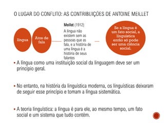 ▪ A língua como uma instituição social da linguagem deve ser um
princípio geral.
▪ No entanto, na história da linguística moderna, os linguísticas deixaram
de seguir esse princípio e tomam a língua sistemática.
▪ A teoria linguística: a língua é para ele, ao mesmo tempo, um fato
social e um sistema que tudo contém.
língua
Meillet (1912)
A língua não
existem sem as
pessoas que as
fala, e a história de
uma língua é a
história de seus
falantes
Atos de
fala
Se a língua é
um fato social, a
línguística
então só pode
ser uma ciência
social.
 